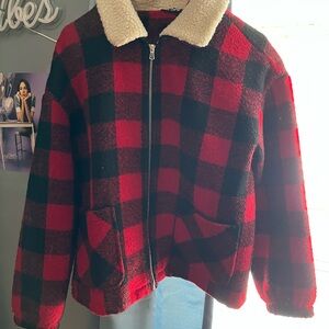 Hot Topic Red and Black Plaid Teddy Jacket